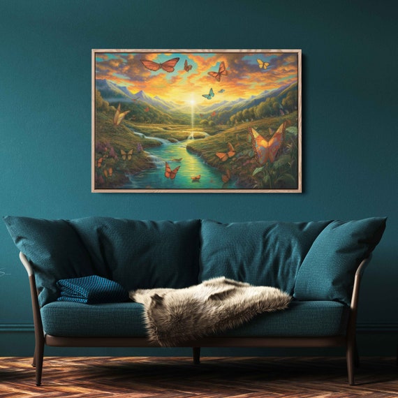Butterfly Nature Valley Wall Art Print Serene Sunrise Sunset Stream Monarch Butterflies Ready To Hang