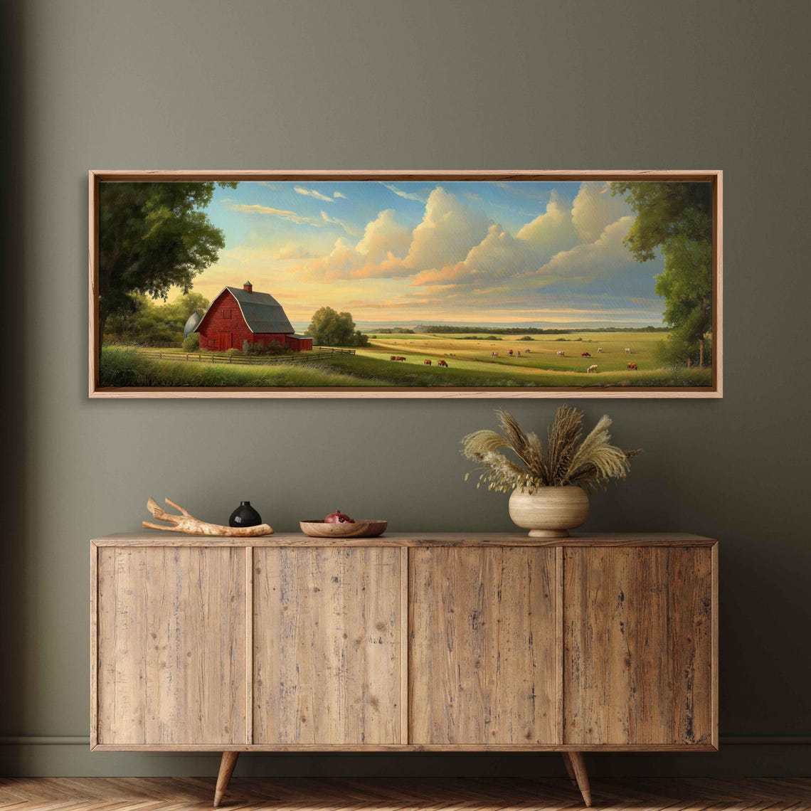 Charming Countryside Farm Scene Wall Art Print Red Barn Grazing Animals Lush Green Field