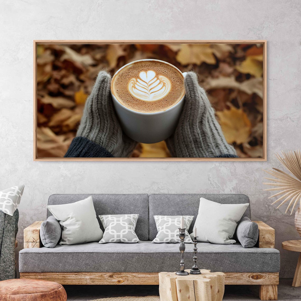 Knit Gloved Hands Holding Warm Latte Mug With Heart Leaf Art Print - Image 3