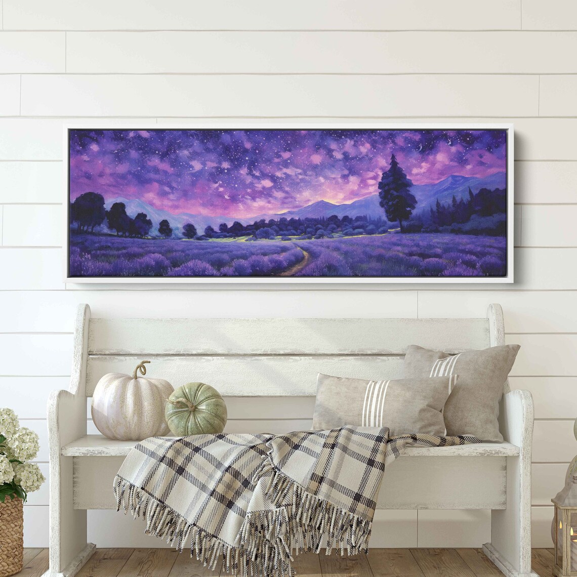 Lavender Field Colorful Starry Night Sky Panoramic Mountain View Art Poster - Image 2