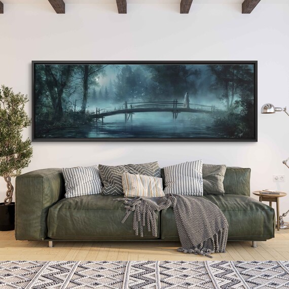 Ghost On Wooden Bridge Over Foggy River Moonlit Night Panoramic Print