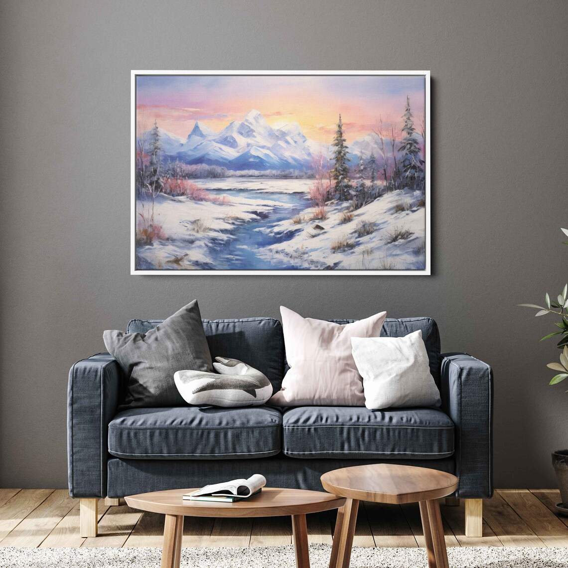 Snowy Mountain Sunrise Winter River Frosted Pines Landscape Painting Poster - Image 2