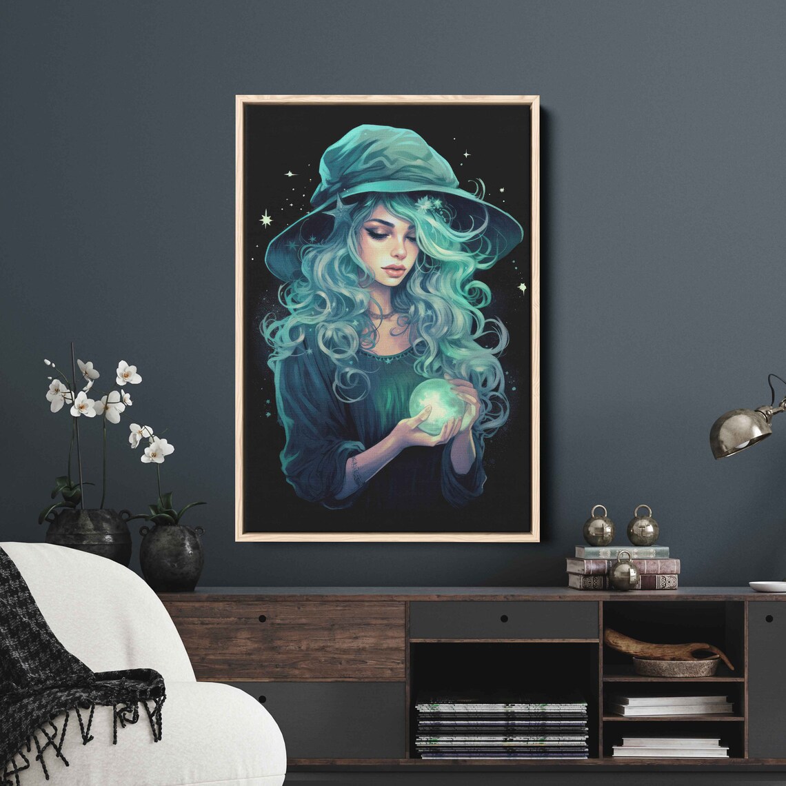 Celestial Witch Teal Hair Glowing Orb Stars Dark Night Halloween Art Print - Image 3