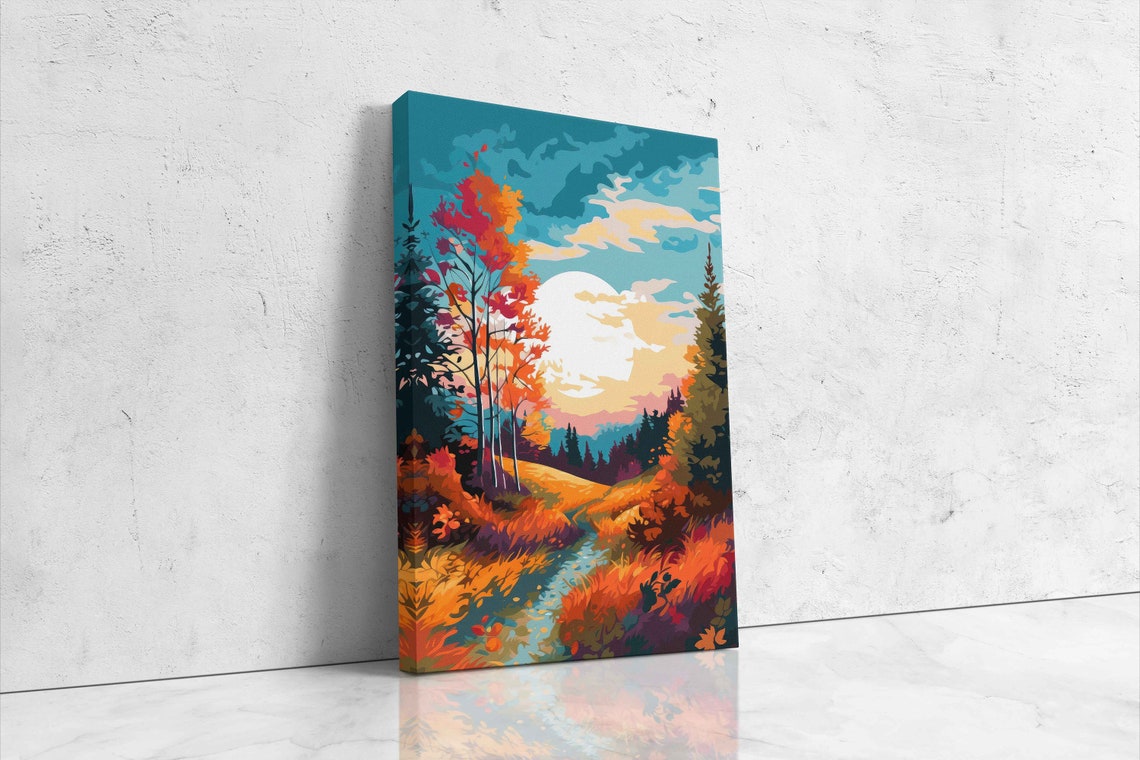 Stunning Fall Pop Art Sunset Landscape Illustration On Beautiful Bright Colors With Frame Options Ready To Hang - Image 4