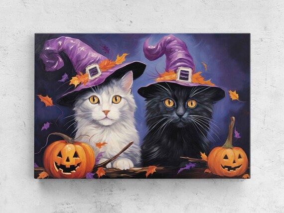 Cute Halloween Cat Witches Purple Hats Pumpkins Autumn Leaves Art Poster