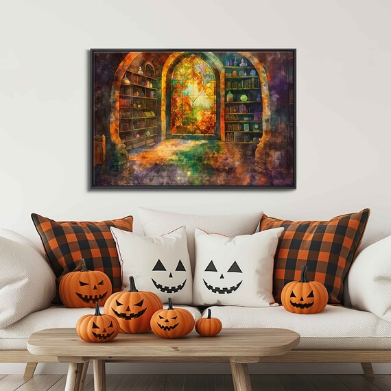 Witches Library Arched Window Golden Light Bookshelves Watercolor Art