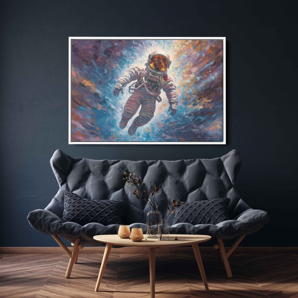 Astronaut Floating in Space Colorful Swirling Nebula Painting Wall Art