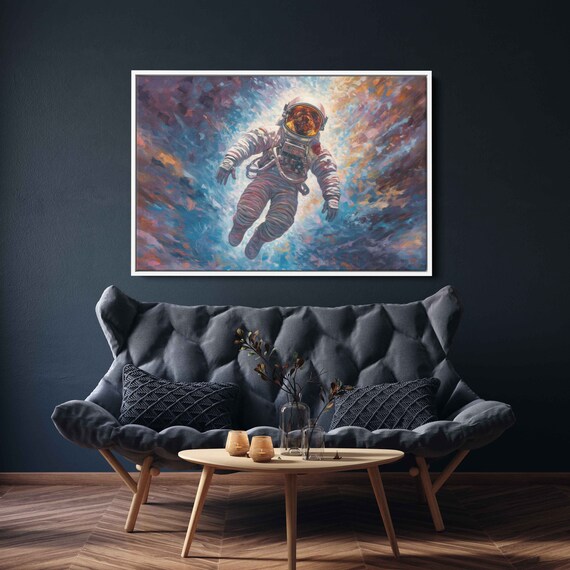 Astronaut Floating in Space Colorful Swirling Nebula Painting Wall Art