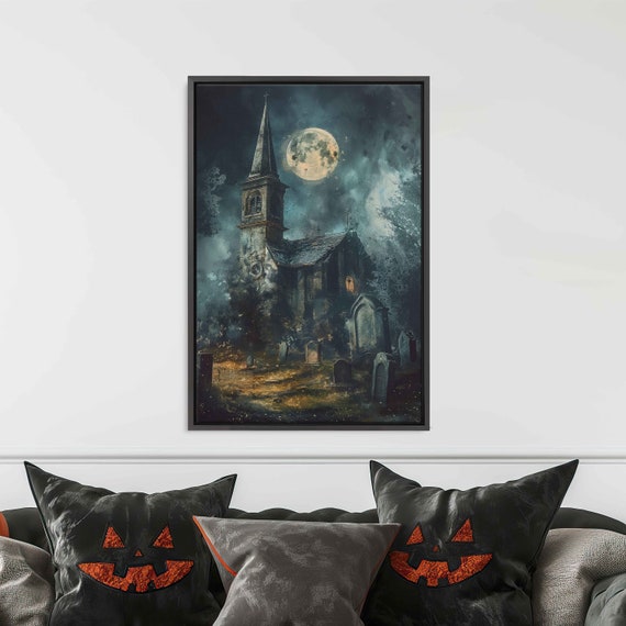 Eerie Old Abandoned Church With Graveyard Under Moonlit Sky Wall Art Print Cemetary Under Full Moon Ready To Hang