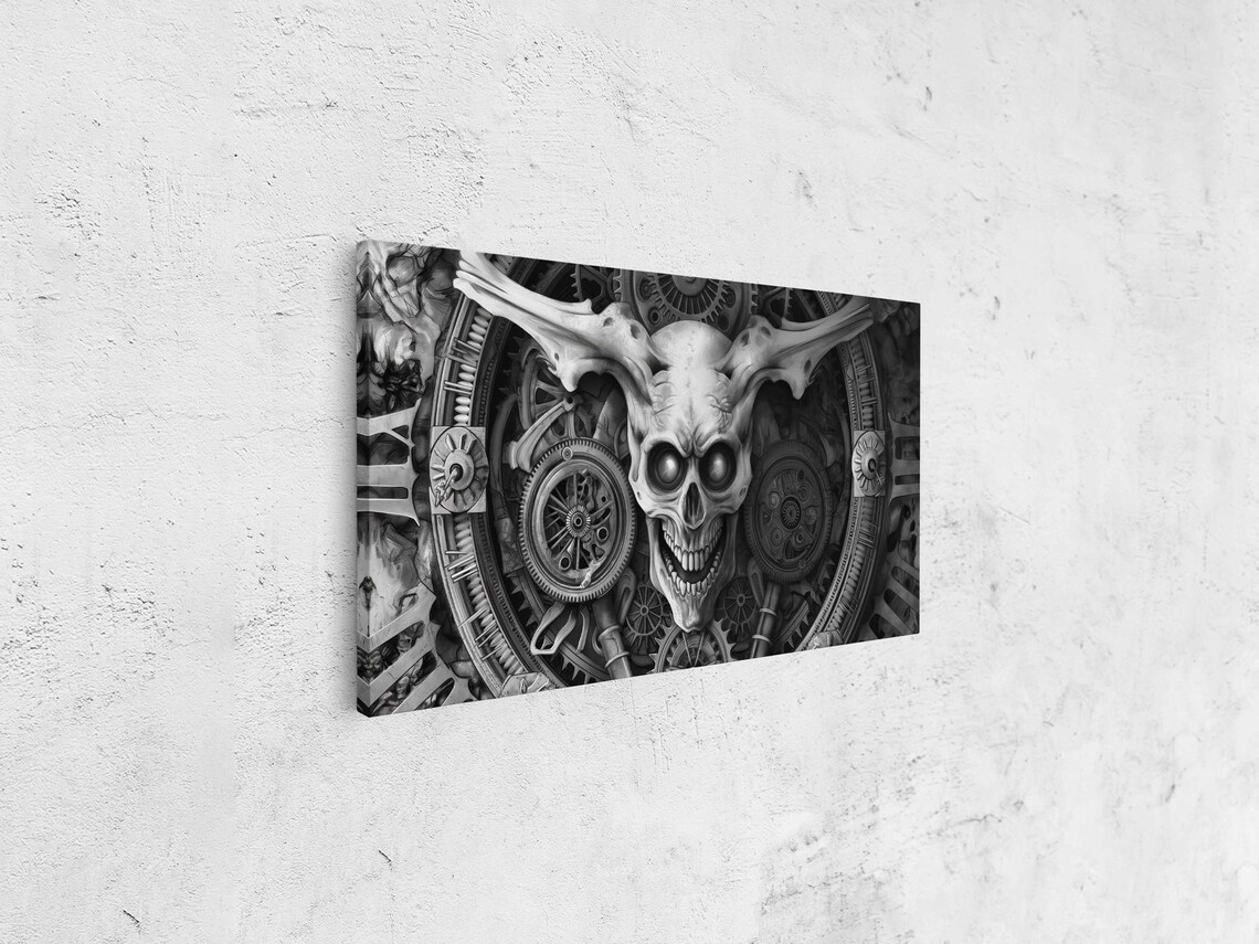 Ornate Skull With Horns Inside Clockwork Gears Monochrome Steampunk Art Print - Image 4