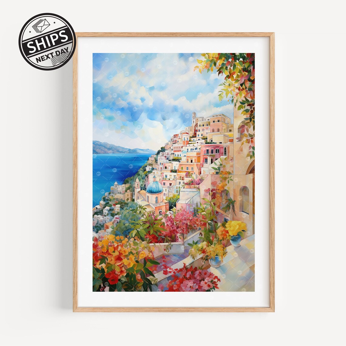 Positano Watercolor Travel Poster, Italy Wall Art