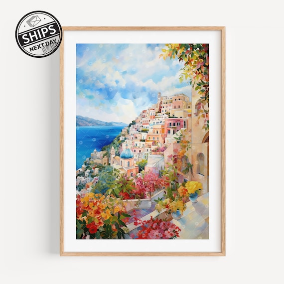 Positano Watercolor Travel Poster, Italy Wall Art