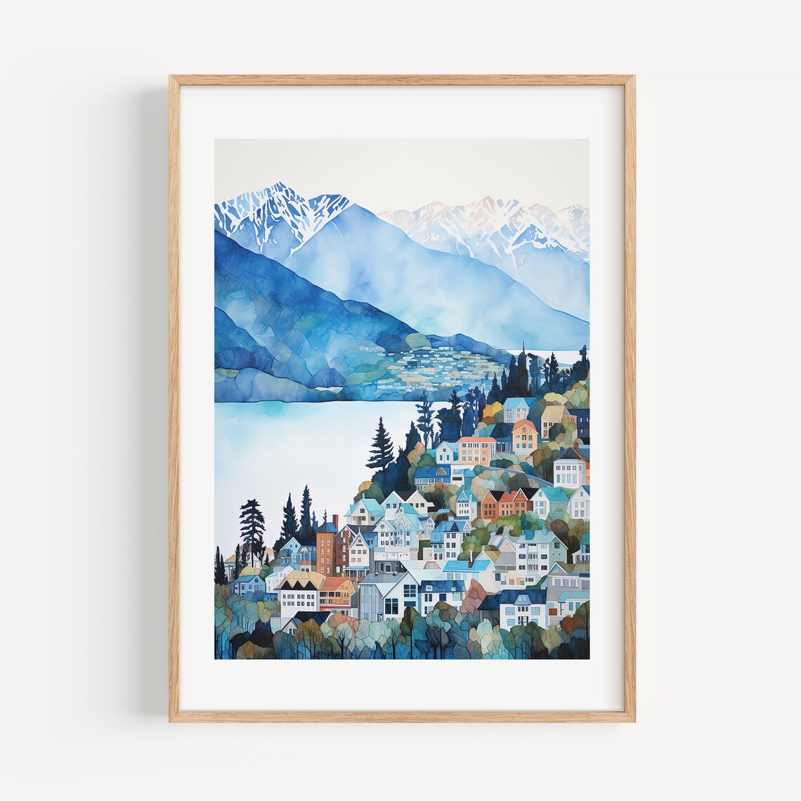 Queenstown New Zealand Watercolor Travel Poster