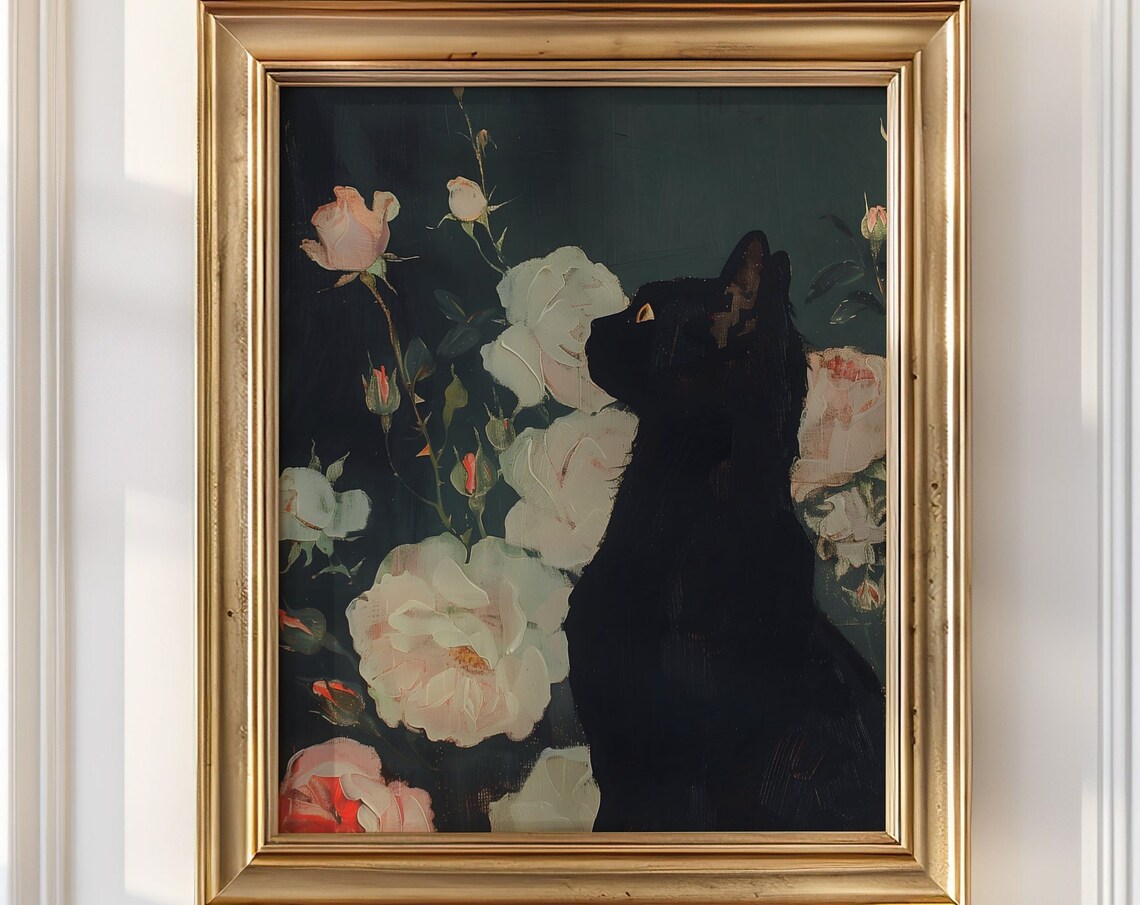 Black Cat and Moody Roses Gothic Wall Art Print - Image 4