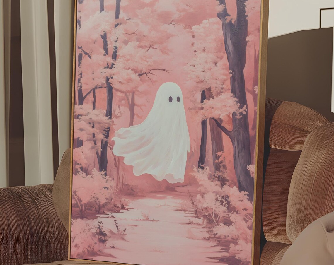 Cute Little Ghost Floating In A Pink Cherry Blossom Forest Poster - Image 4