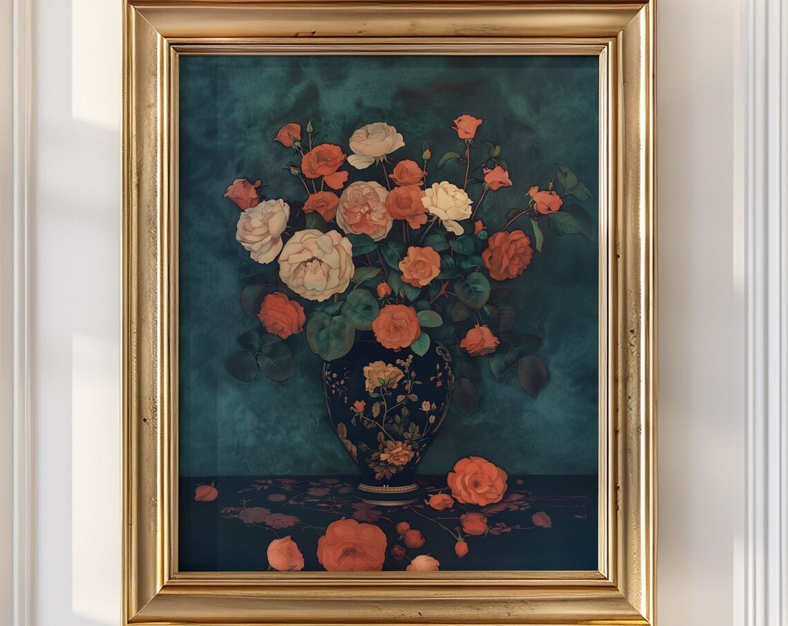 Moody Coral Roses in a Decorative Dark Vase Still Life Poster - Image 4