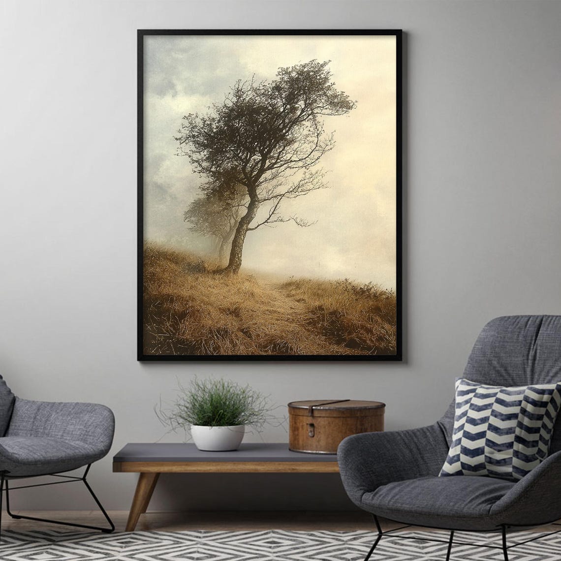 Twisted Tree Golden Field Sepia Haze Vertical Landscape Wall Art - Image 3