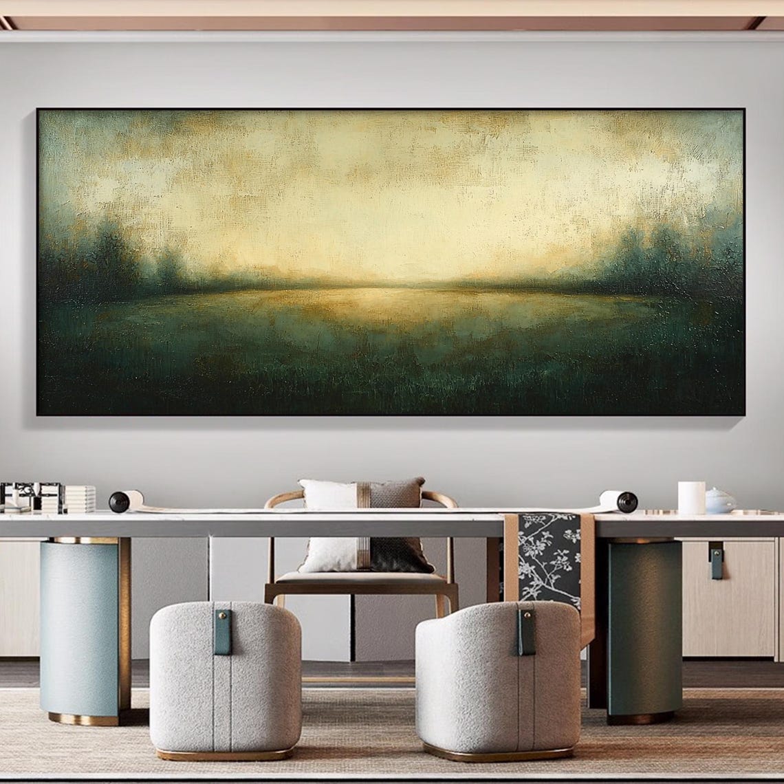Pale Gold Green Abstract Horizon Panoramic Dusk Meadow Wall Art