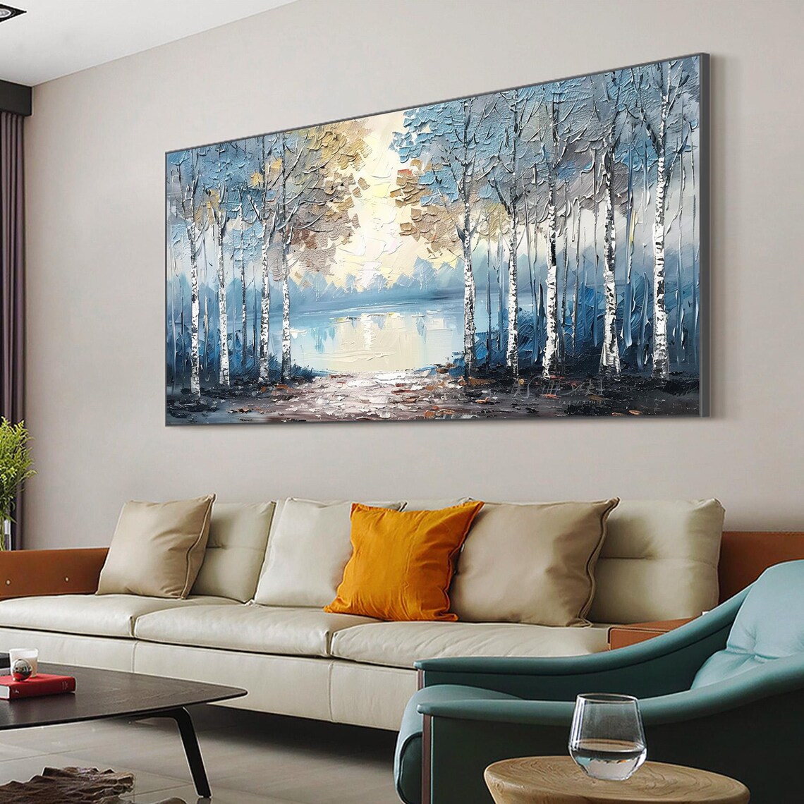 Birch Forest By The Lake Abstract Impasto Oil Painting Wall Art Poster - Image 2