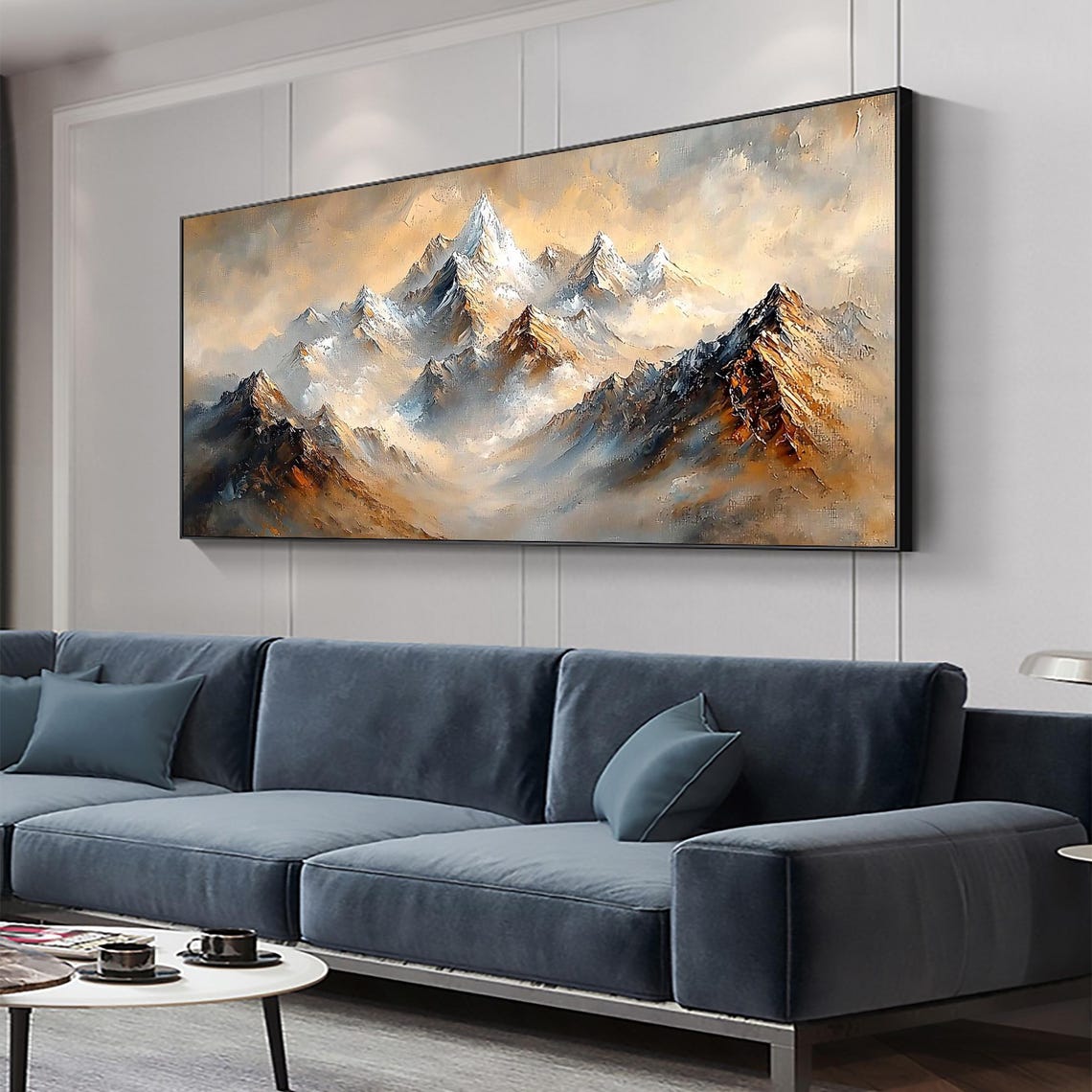 Snowy Peaks Golden Mist Sunrise Panoramic Abstract Oil Painting Poster - Image 3