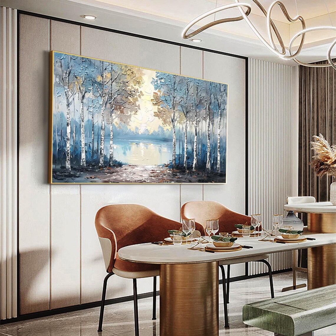 Birch Forest By The Lake Abstract Impasto Oil Painting Wall Art Poster - Image 3