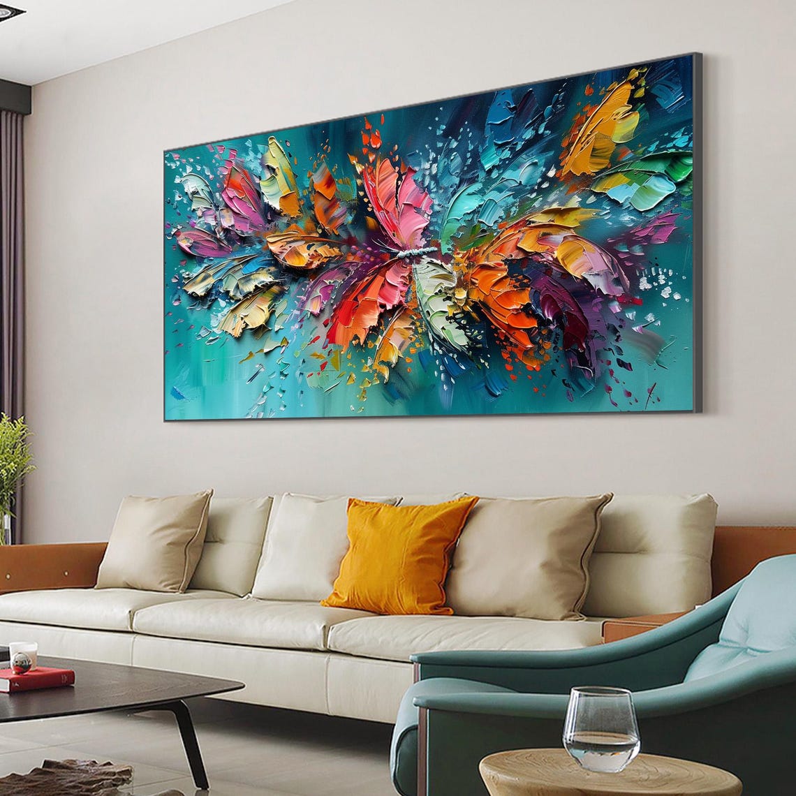 Colorful Butterfly Burst Textured Abstract On Teal Modern Wall Art - Image 2