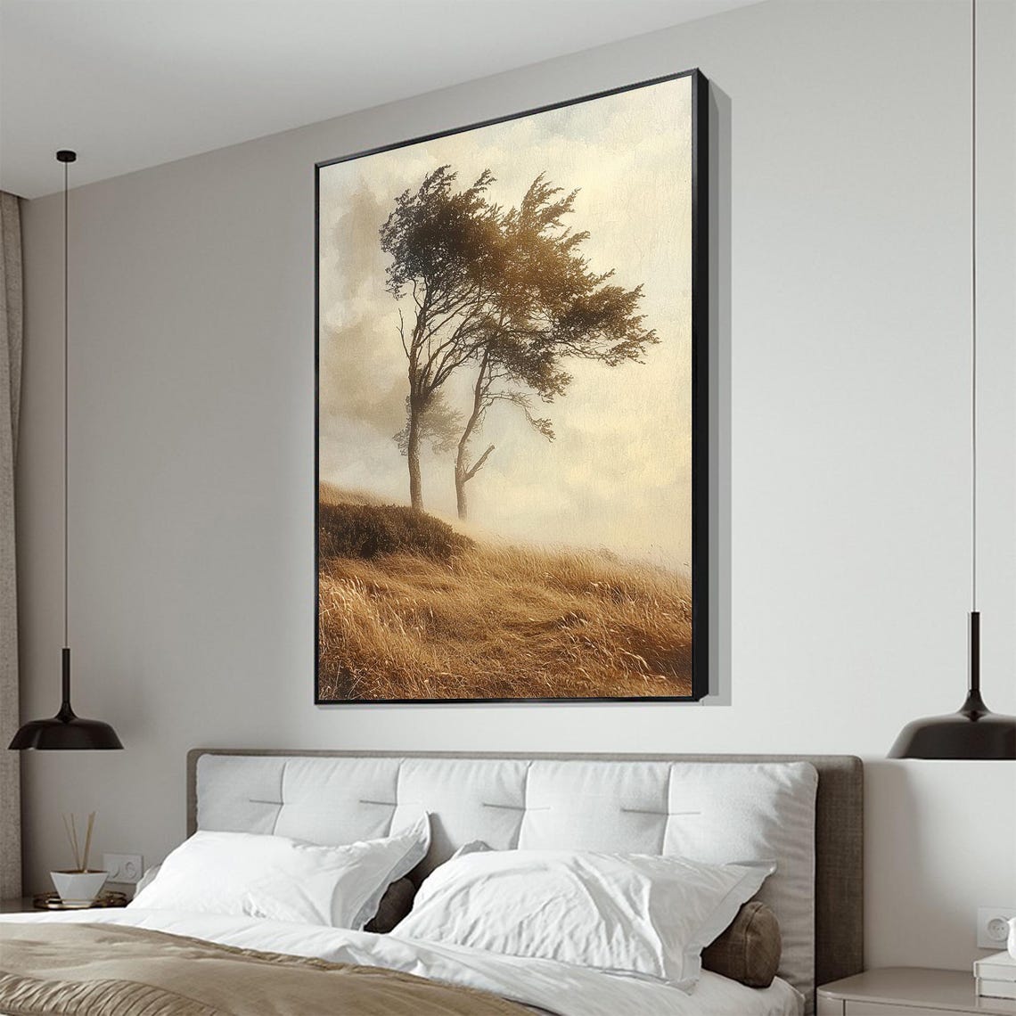 Windswept Lone Tree Golden Hill Misty Autumn Landscape Wall Painting - Image 4