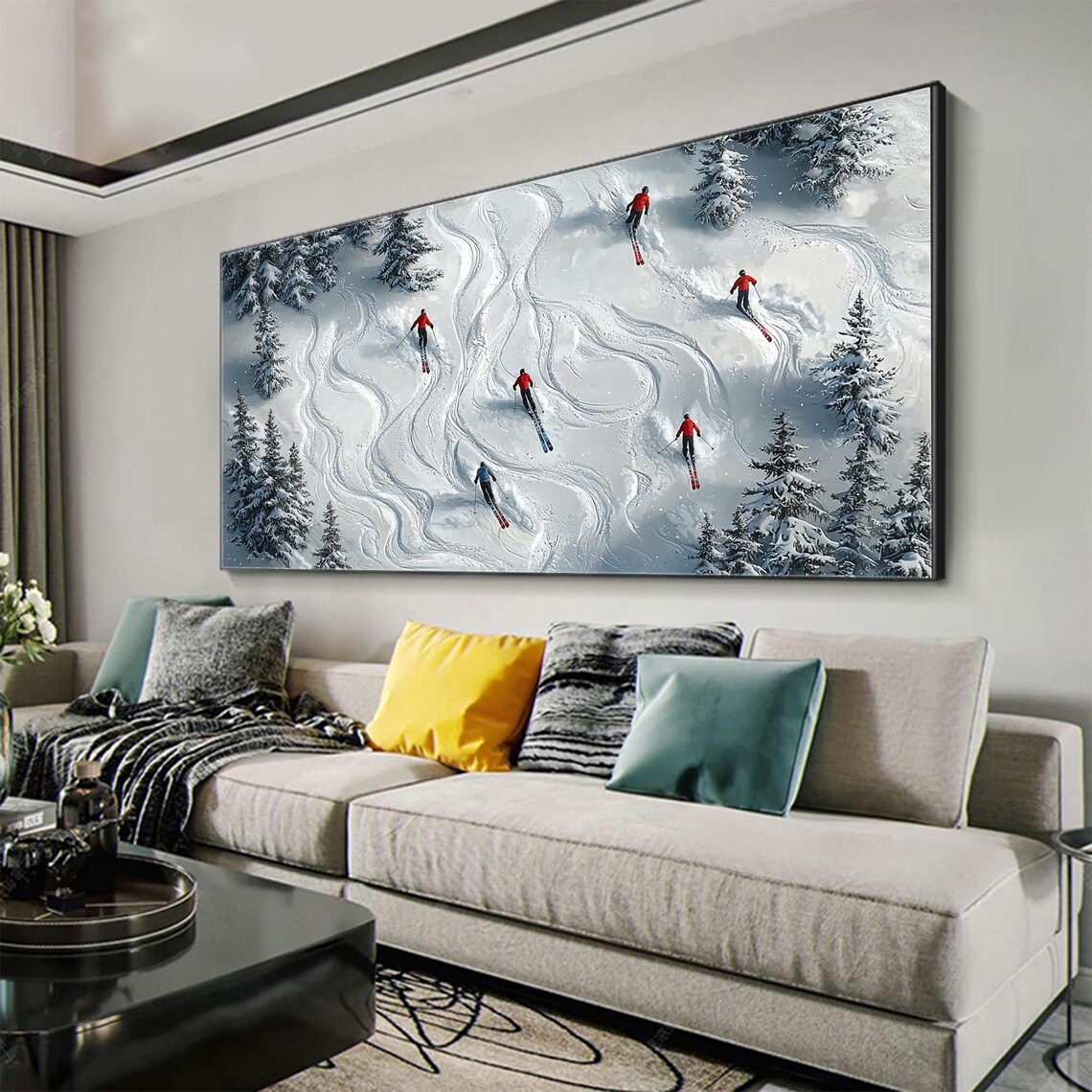 Skiers In Red Jackets Fresh Powder Aerial Winter Sports Art Poster - Image 3