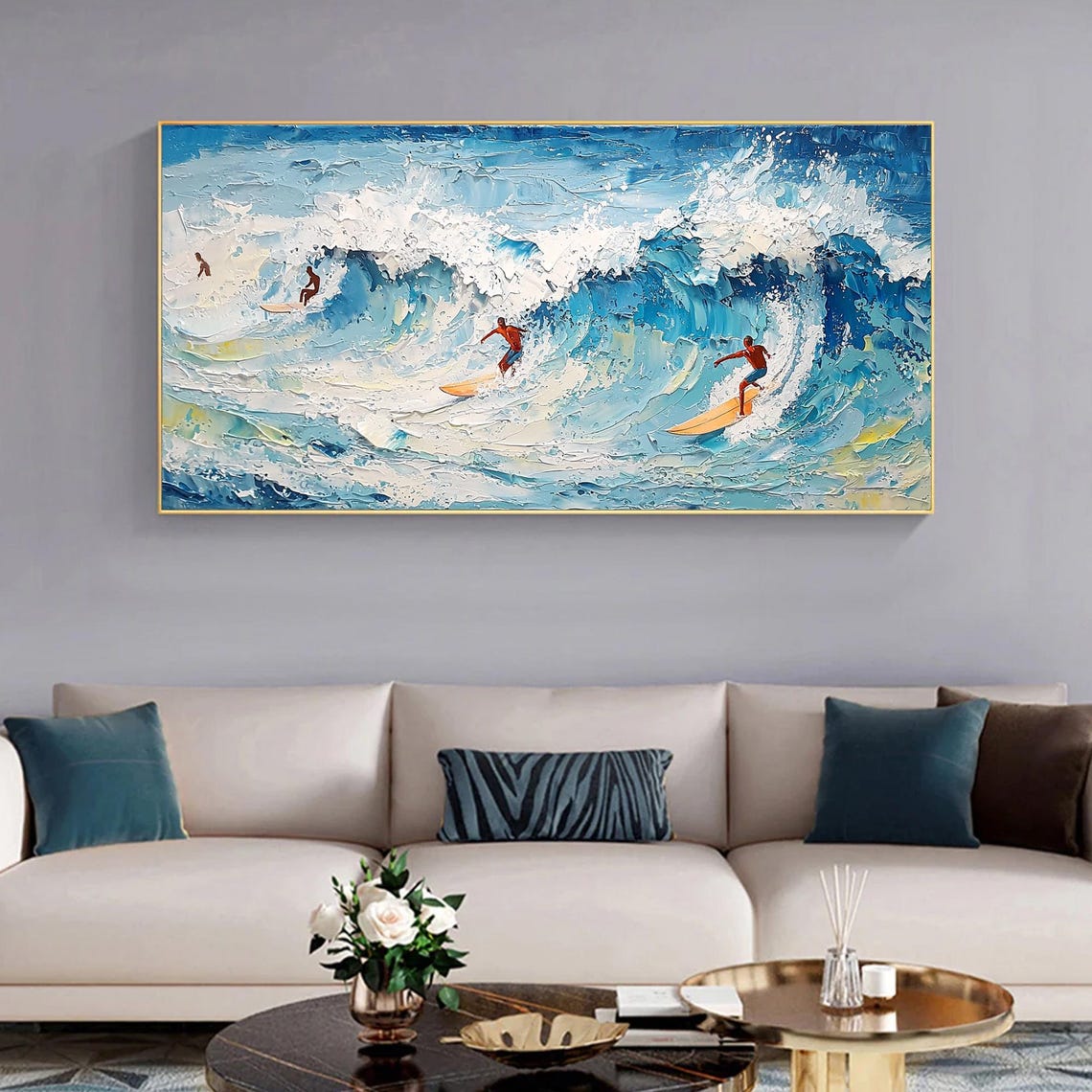 Original Abstract Surf Oil Painting Blue Ocean Waves Wall Art Custom Personalized Surfing Art Painting Sofa Background Home Decor - Image 4