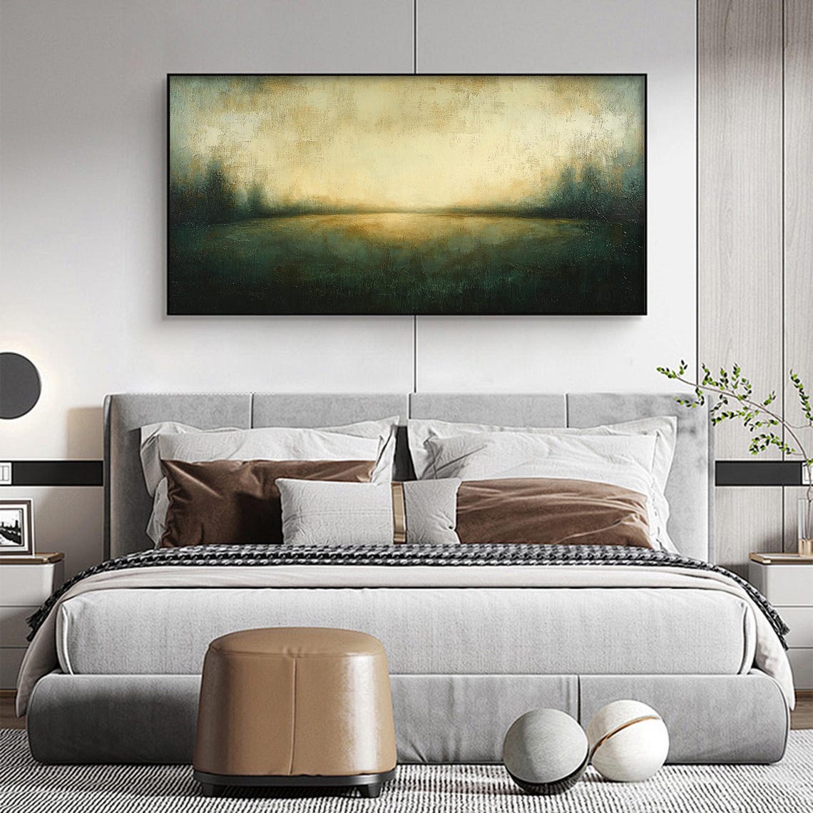 Pale Gold Green Abstract Horizon Panoramic Dusk Meadow Wall Art - Image 3