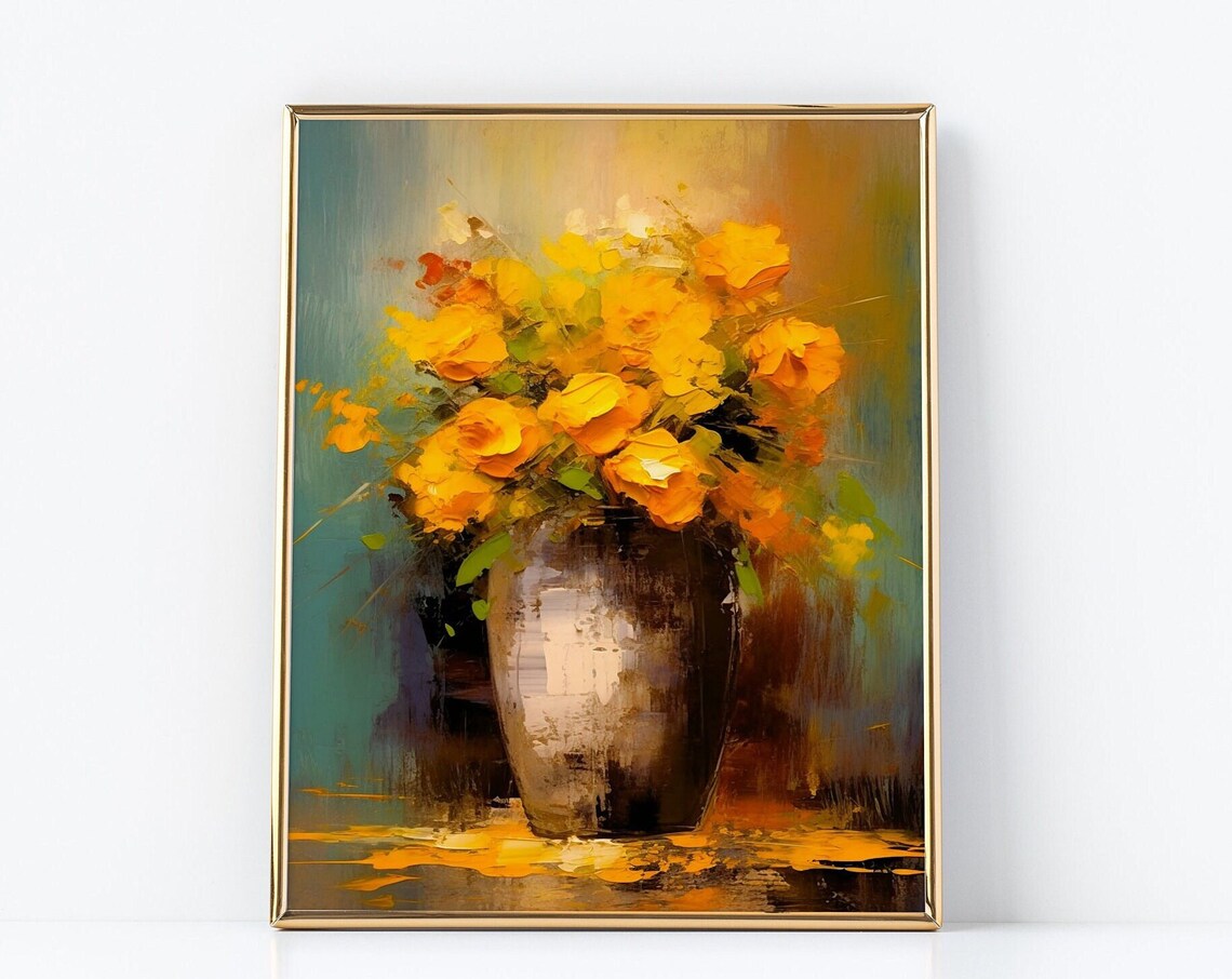 Golden Yellow Roses Bouquet In Dark Vase Impasto Floral Art Poster