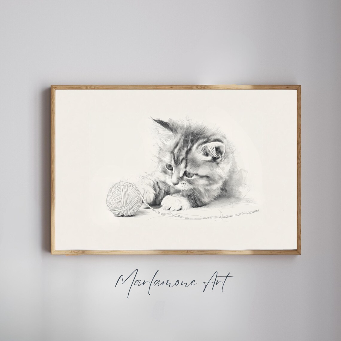 Curious Kitten Playing With Yarn Ball Pencil Sketch Nursery Poster