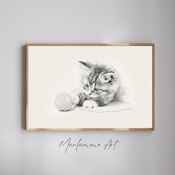 Curious Kitten Playing With Yarn Ball Pencil Sketch Nursery Poster
