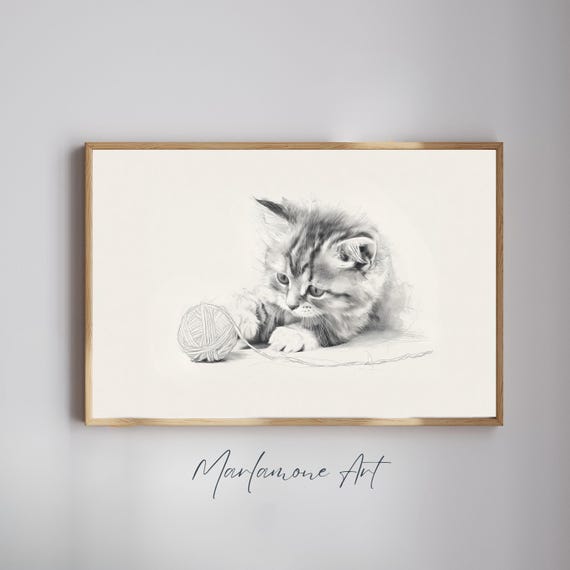 Cute Playing Kitten Print Vintage Cat Illustration