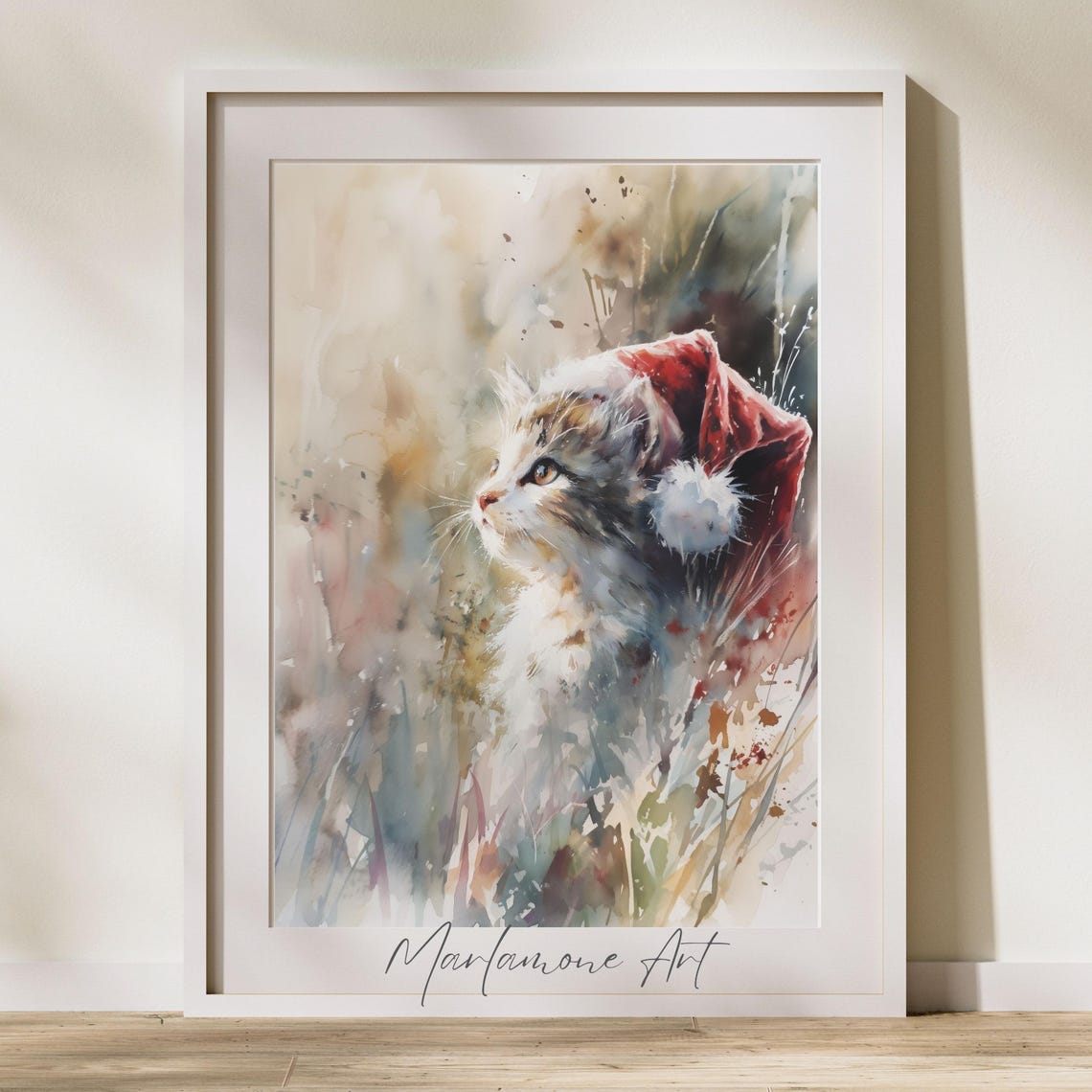 Cute Kitten Wearing Santa Hat Watercolor Christmas Cat Poster