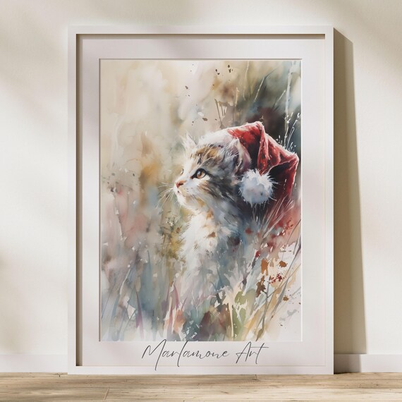 Cute Kitten Wearing Santa Hat Watercolor Christmas Cat Poster