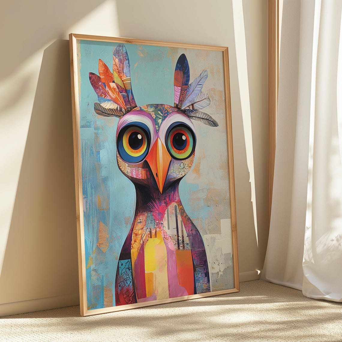 Quirky Colorful Owl Mixed Media Funky Bird Illustration Art Poster
