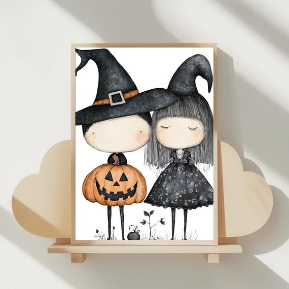 Whimsical Witch Couple Halloween Print Spooky Home Decor