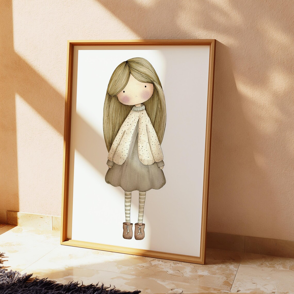 Scandinavian Doll Girl With Long Blonde Hair Boho Nursery Wall Poster