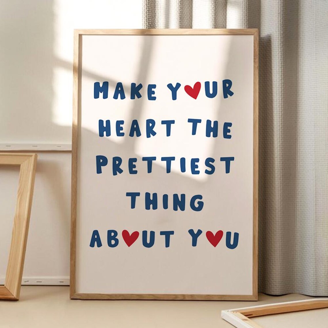 'Make Your Heart The Prettiest' Quote Poster, Navy Hearts Trendy Motivational Decor Art