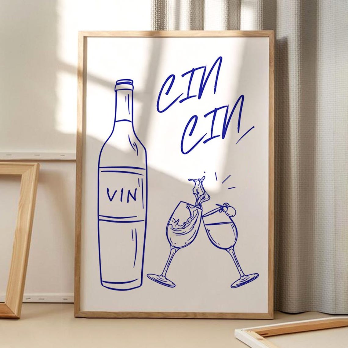 Cin Cin Blue Line Art Wine Bottle Glasses Cheers Kitchen Wall Poster