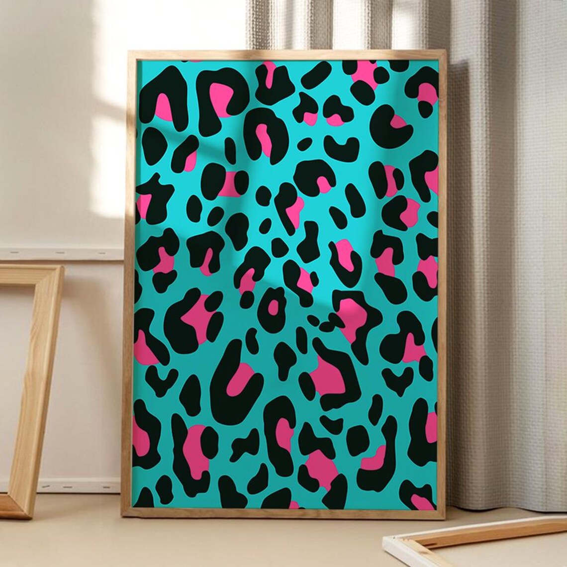 Pink And Blue Leopard Art Poster Wall Apartment Decor Retro Home Print Printed Gift
