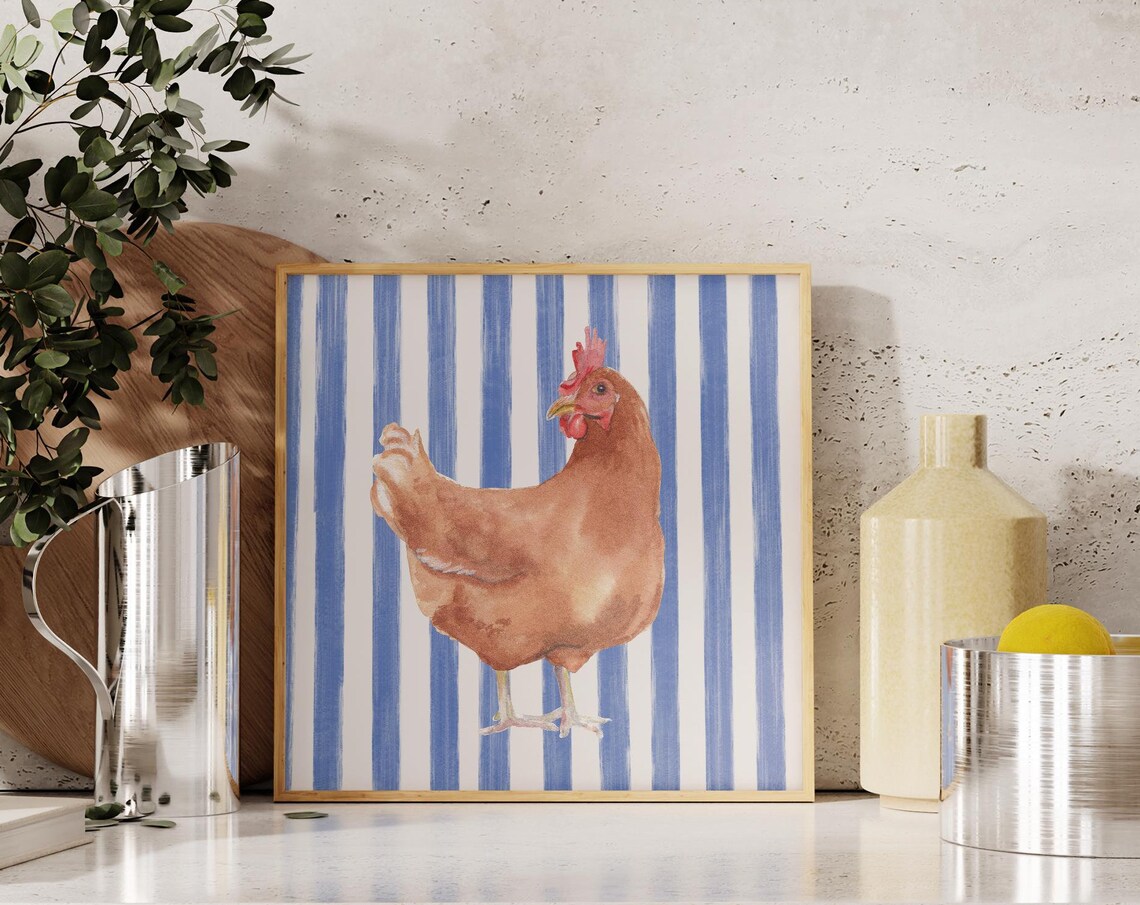 Watercolor Chicken on Blue Stripes Farmhouse Kitchen Art Poster