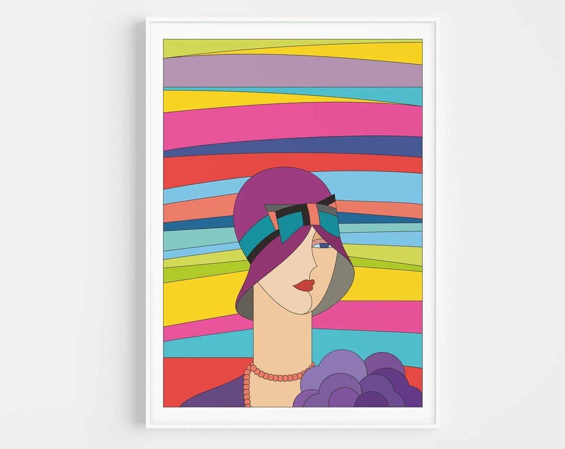 Art Deco Woman Poster, Colourful Portrait Print