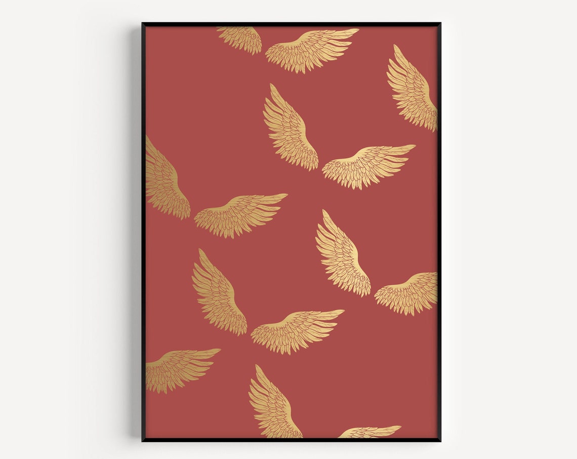 Gold Angel Wings Pattern Red Background Elegant Celestial Art Poster