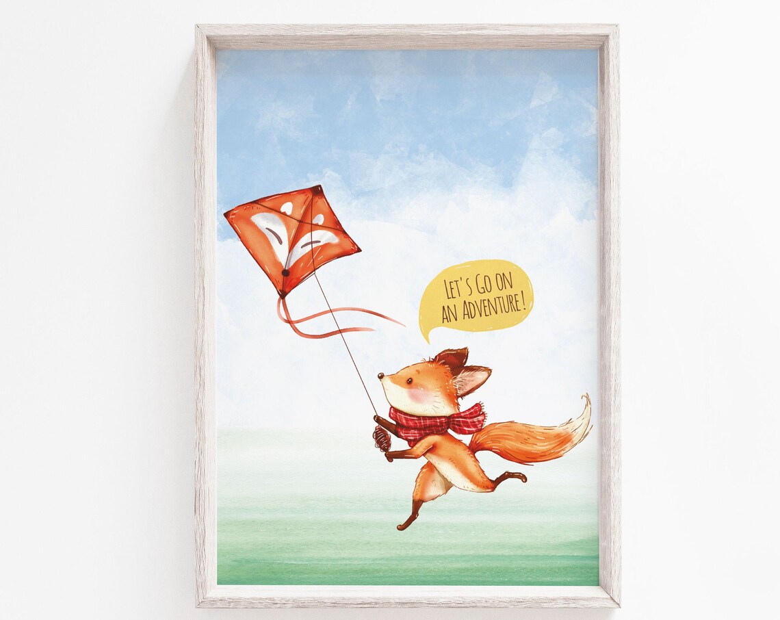 Adorable Fox Kite Flying Lets Go On An Adventure Nursery Poster