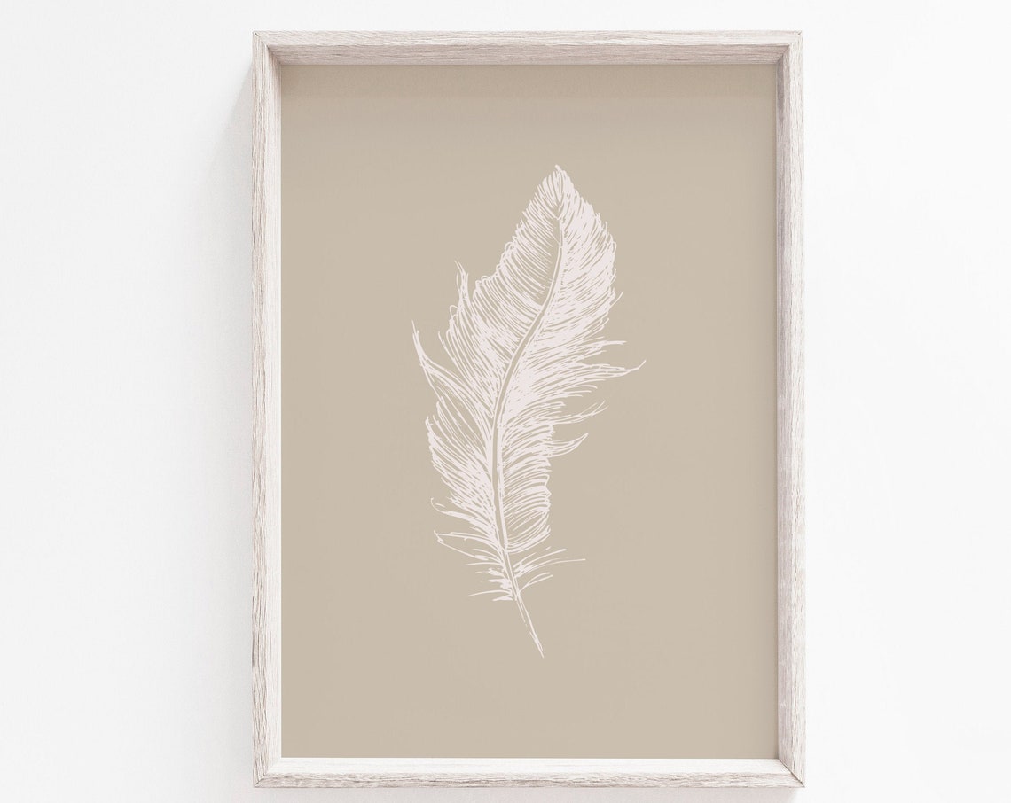 Beige Feather Sketch Line Drawing Minimal Neutral Decor Wall Art