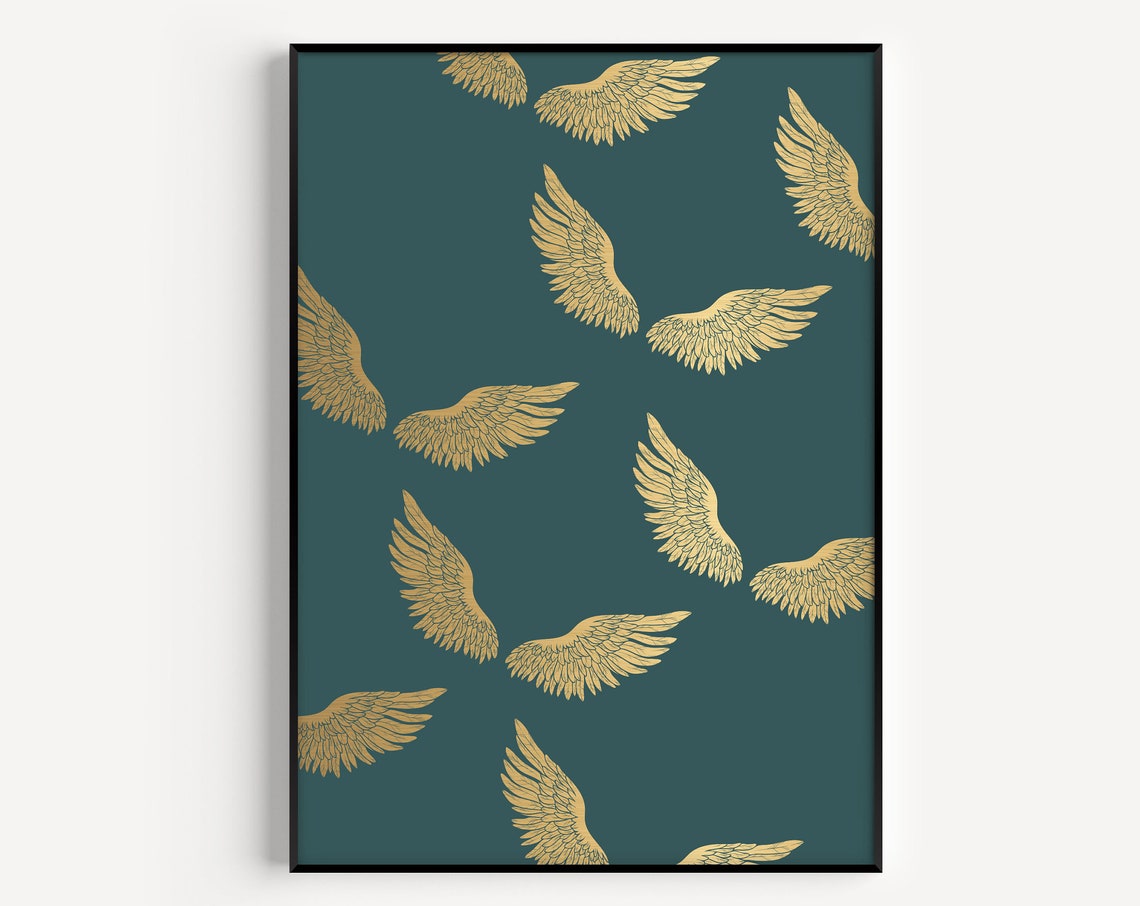 Gold Angel Wings Pattern Dark Green Minimalist Boho Art Print