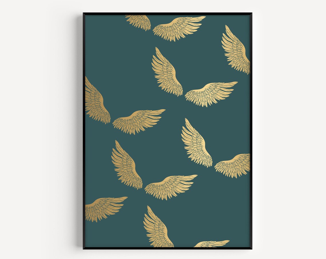 Wall Art Print Green Wings Prints Boho Minimalist Gold