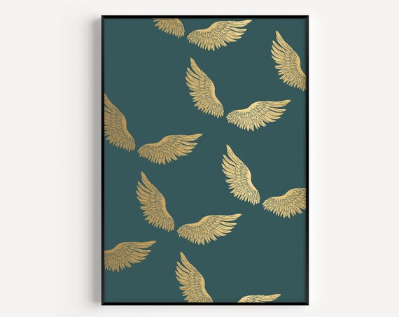 Wall Art Print Green Wings Prints Boho Minimalist Gold